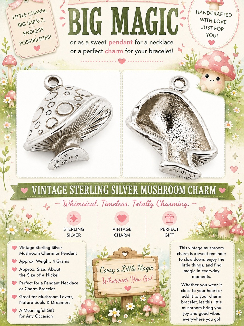 Vintage Sterling Silver Mushroom Charm Pendant